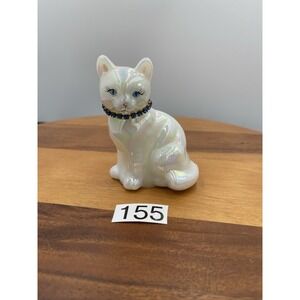 Fenton Opalescent Cat With Beautiful Blue Rhinestones Collar Signed‎